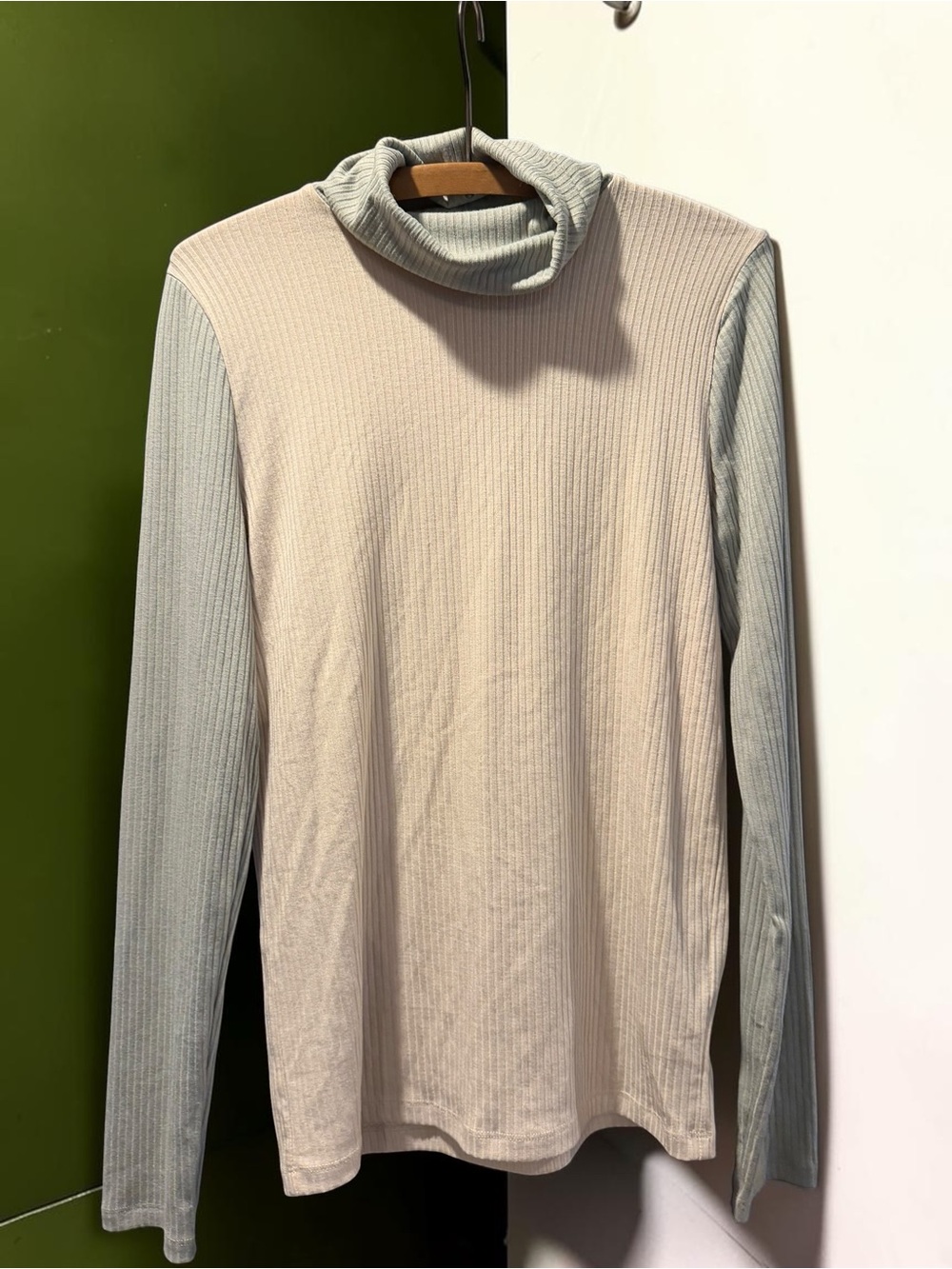 Madewell Ribbed Mock Neck Top Colorblock Tan Sage Long Sleeve Size M
